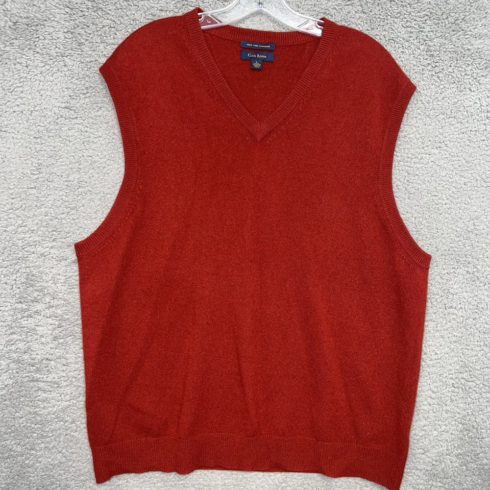 VTG Club Room Vest Men's Size Large Red 100% Cashmere Sweater Knit V Neck Preppy